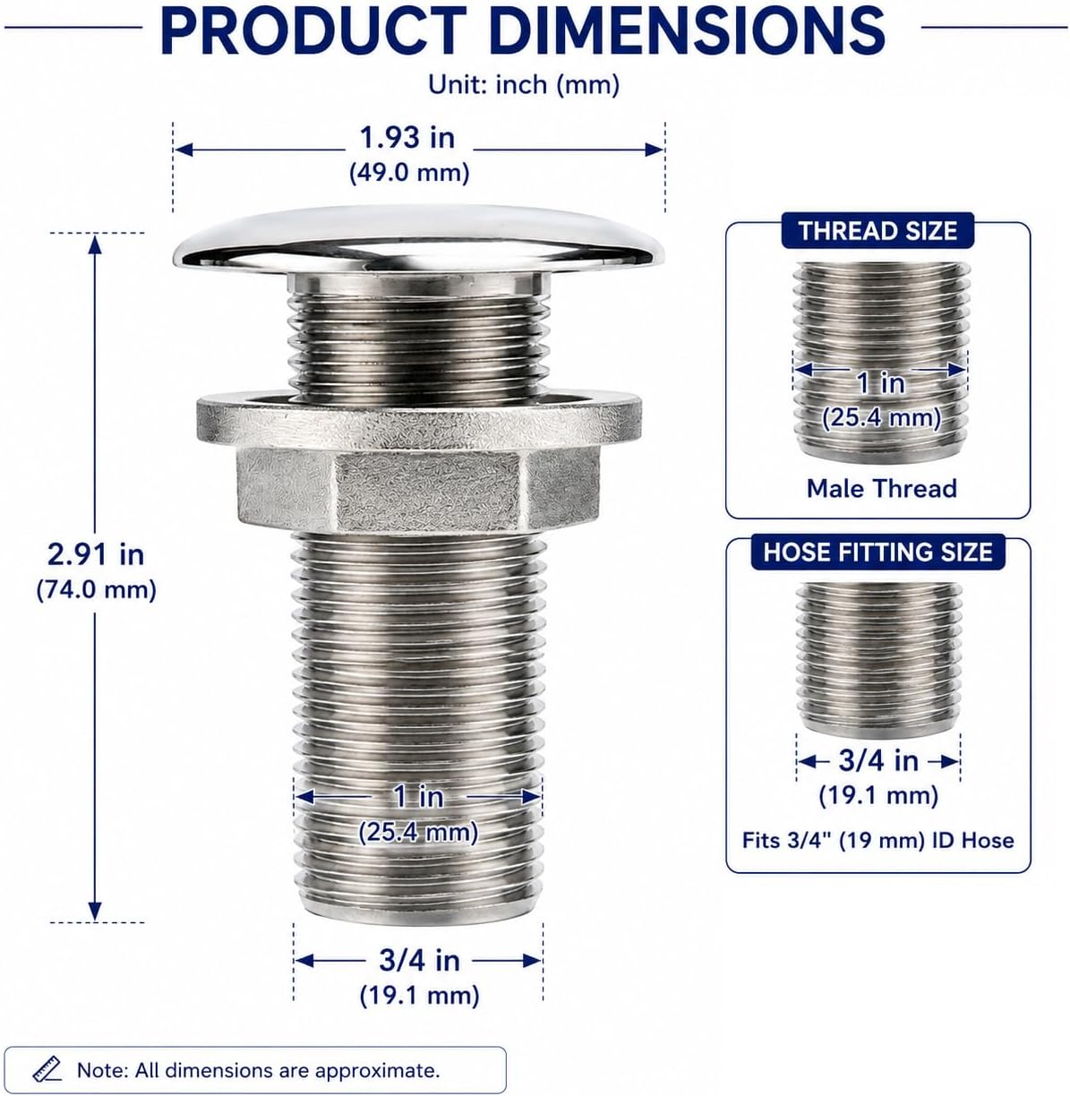 316 Stainless Steel Full Thread Boat Thru-Hull Fitting Drain for 3/4 inch Interior Diameter Hose