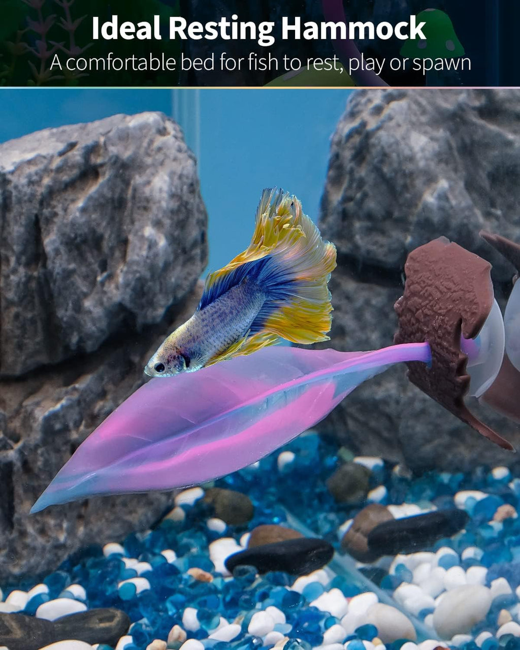 Betta Leaf Hammock Soft Aquarium Rest Bed Fish Breeding Playing Pad with Suction Cup and Lifelike Bark Ornament