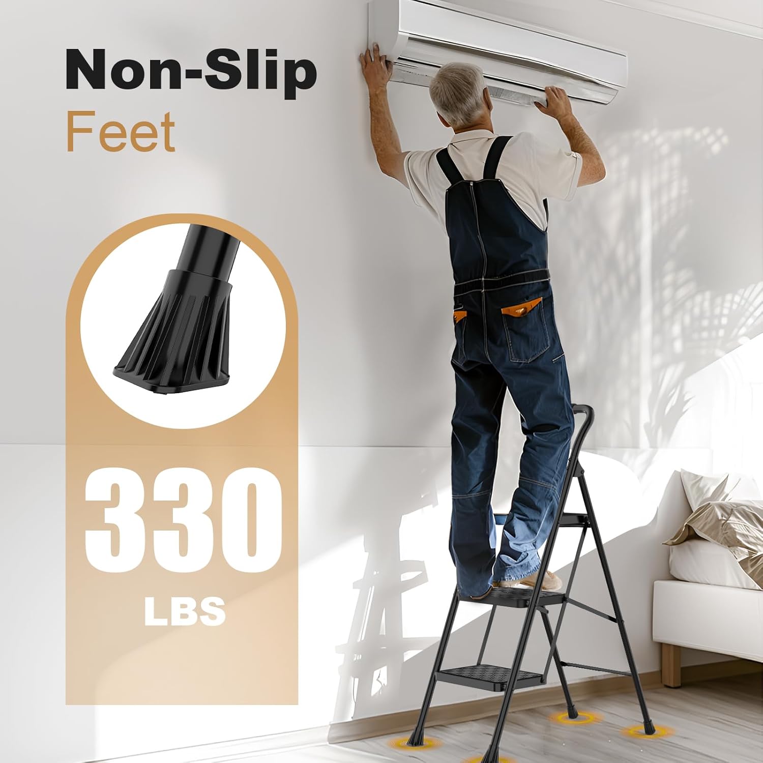 3 Step Ladder, Step Stool Foldable for Adults with Wide Anti-Slip Pedal, Lightweight 3 Step Ladders for Home, Black