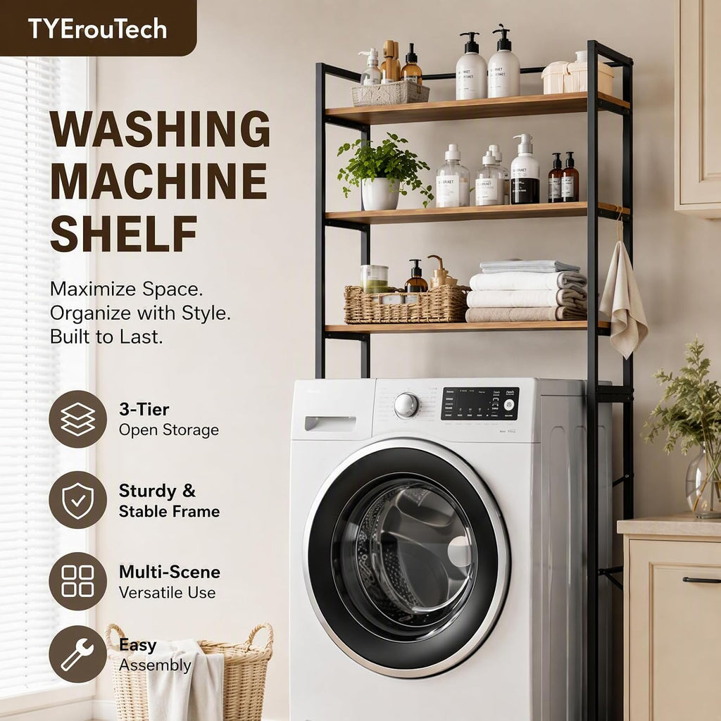 3 Tiers Over The Washer and Dryer Storage Shelf, Freestanding Bathroom Shelf Storage Rack with Adjustable Feet Wood