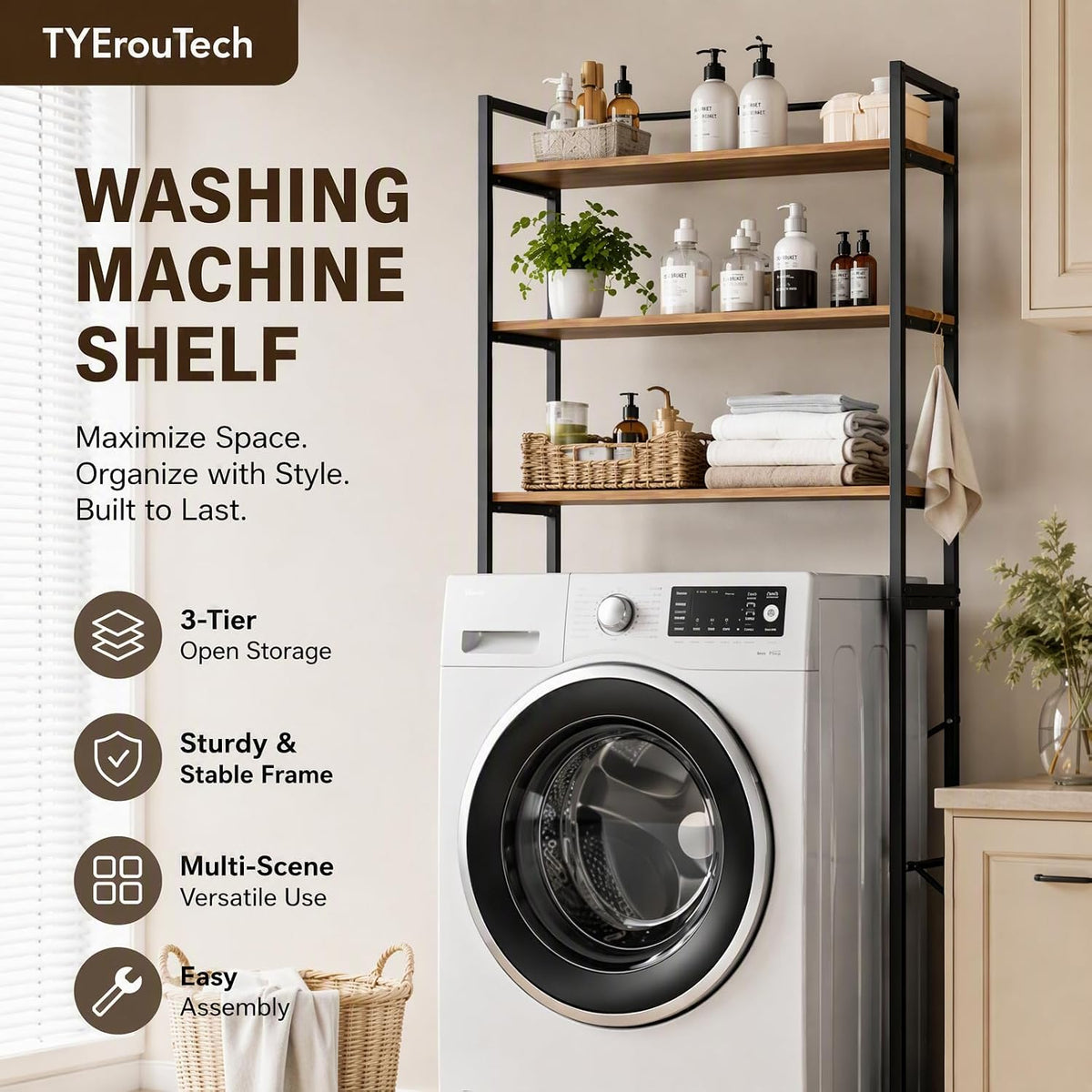 3 Tiers Over The Washer and Dryer Storage Shelf, Freestanding Bathroom Shelf Storage Rack with Adjustable Feet Wood