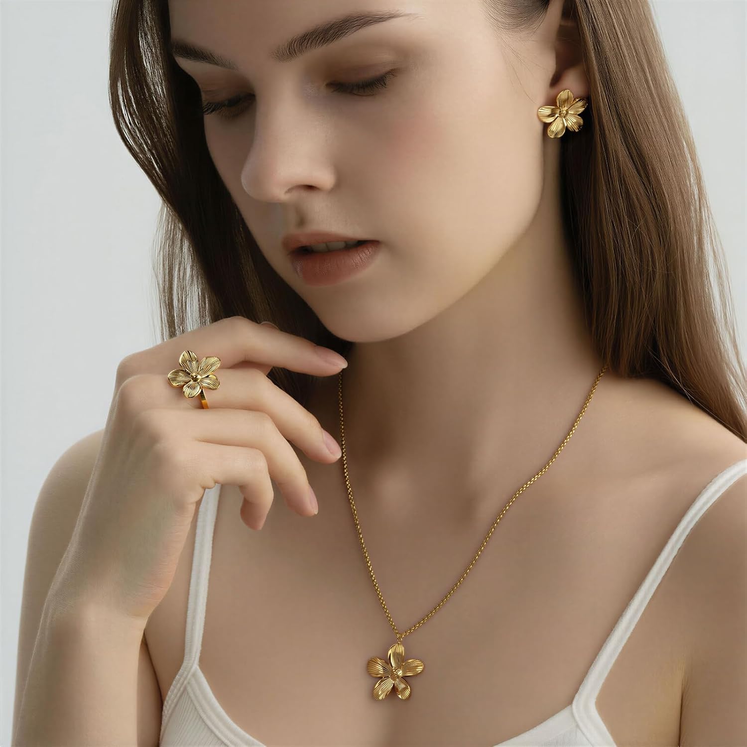 14K Gold Plated Dainty Surgical Hypoallergenic Stainless Steel Floral Pendant Necklace for Women