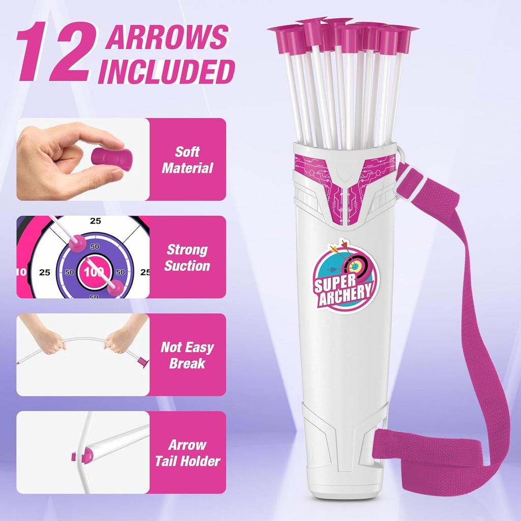 Bow and Arrow for Kids, LED Light Up Girls Archery Set | with 12 Suction Cup Arrows, 1 Hanging Target, 3 Score