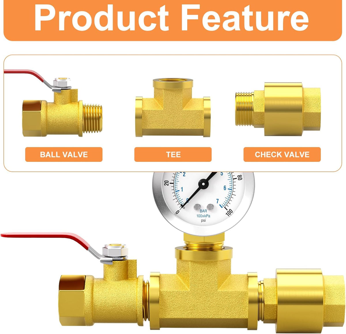 GASHER 2PCS Brass Check Valve DN15 1/2" Female and Male Thread, Backflow Prevention, One Way Check Valves