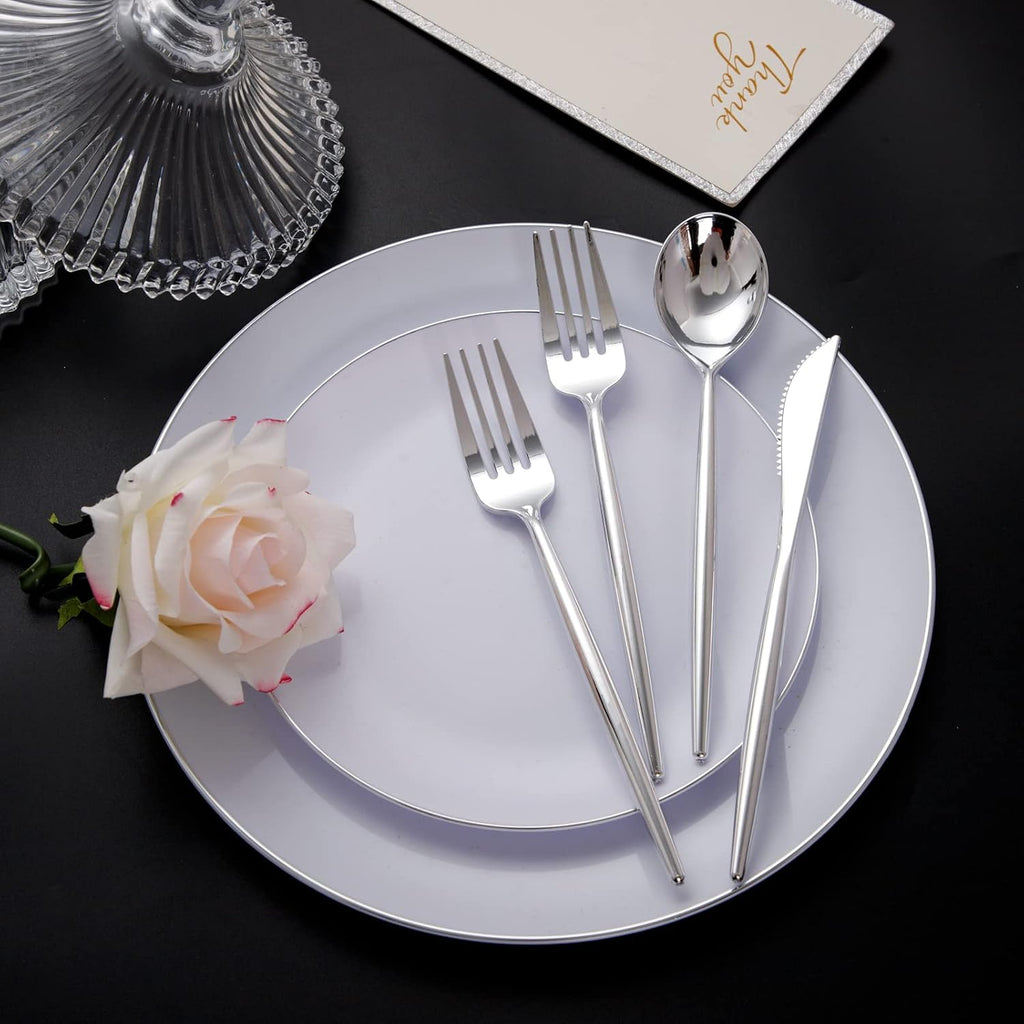 150Pcs Silver Plastic Silverware Set, Heavy Duty Disposable Cutlery Includes 50 Forks, 50 Spoons and 50 Knives for