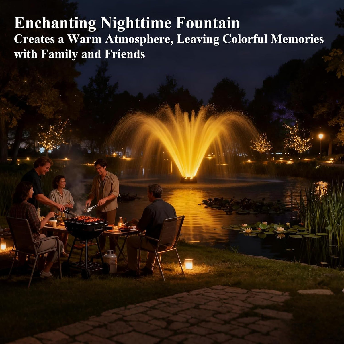 Pond Fountain Aerator with Lights, 1 HP with Dynamic RGB Lighting, Adjustable Modes, Digital Timer