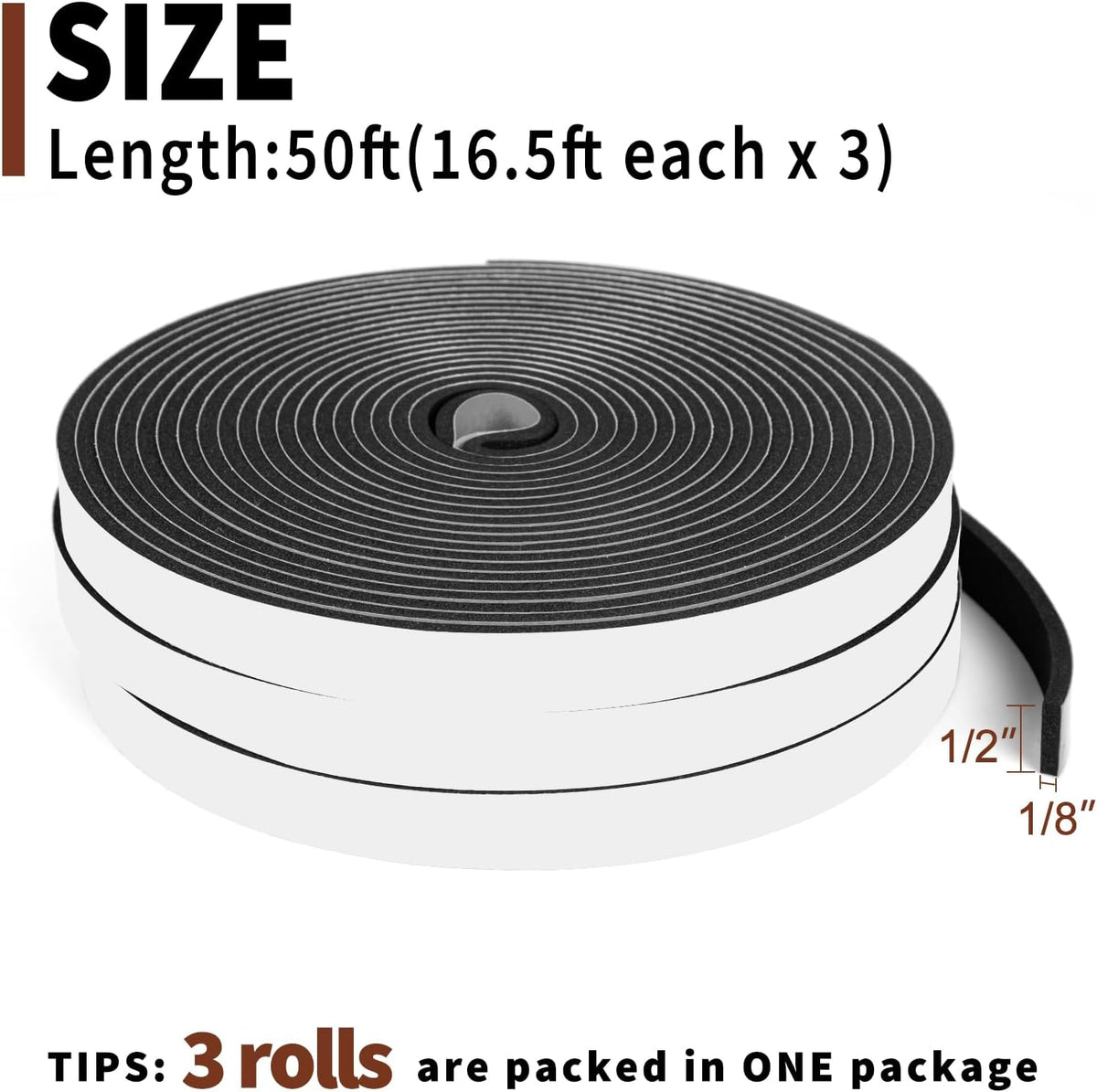 Adhesive Foam Tape 1/2" x1/8", Total 50 Feet Long