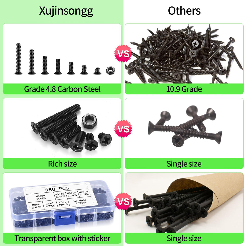 M3 Flat Head Machine Screws and Hex Nuts Kit, 380 Pcs Black Countersunk Head Phillips Screws Bolts Nuts Assortment