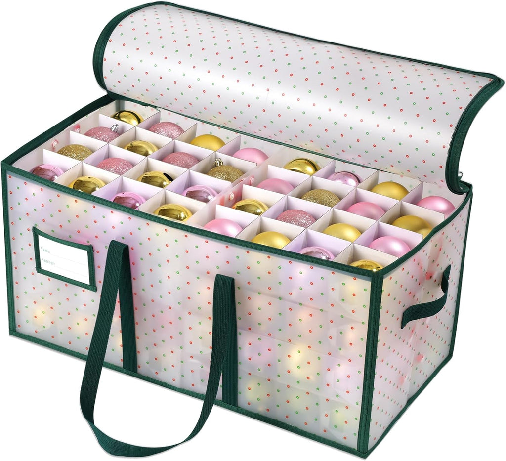 Portable Waterproof Christmas Ornament Storage Box, Large Capacity 128 Slots for 3-Inch Ornaments, Double-Sided Trays