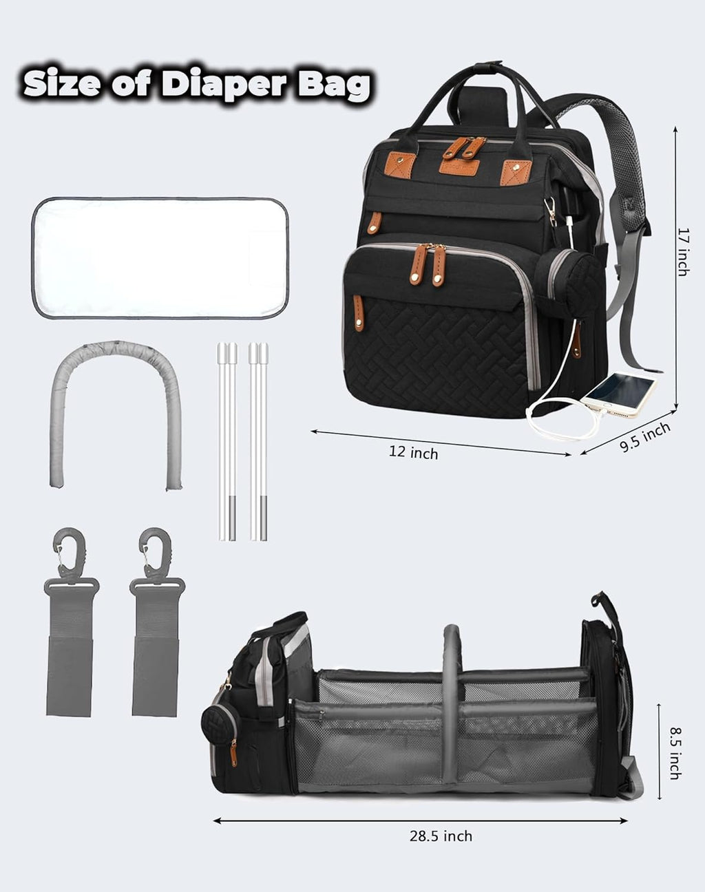 Baby Diaper Bag with Changing Station, Waterproof Diaper Bag Backpack for Moms Dads with USB Charging Port, Baby