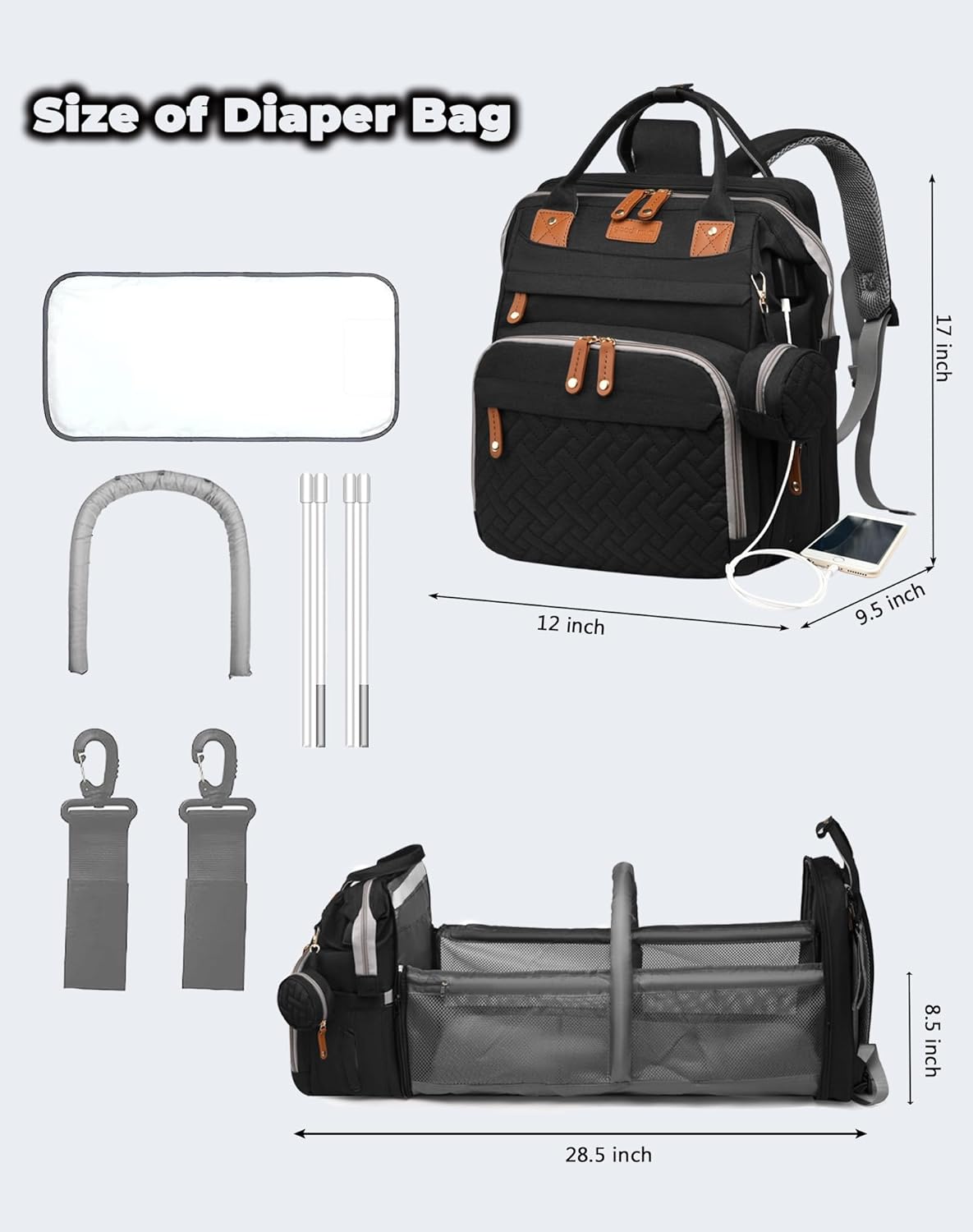 Baby Diaper Bag with Changing Station, Waterproof Diaper Bag Backpack for Moms Dads with USB Charging Port, Baby