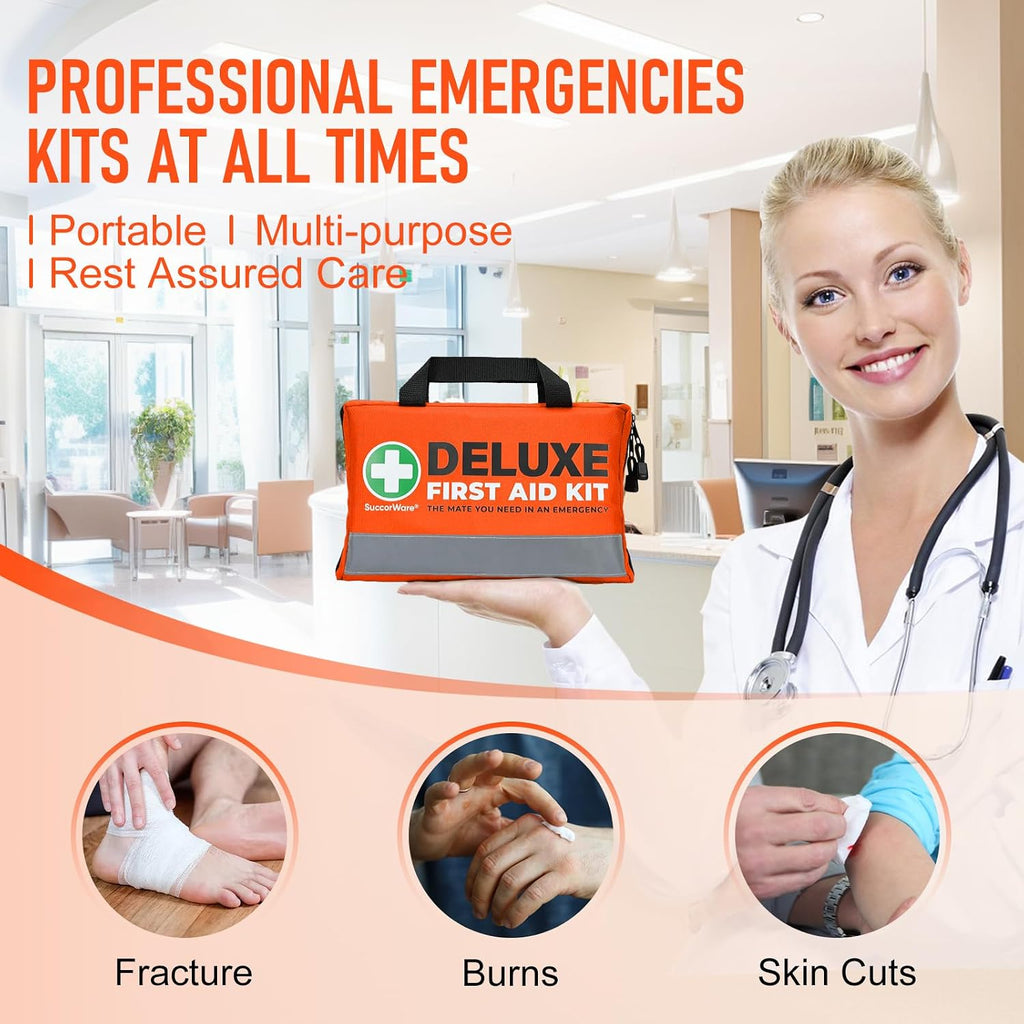 380 Pieces Deluxe First Aid Kit Compact Trauma Medical Kits with Assorted Bandages, Instant Cold Pack, Emergency