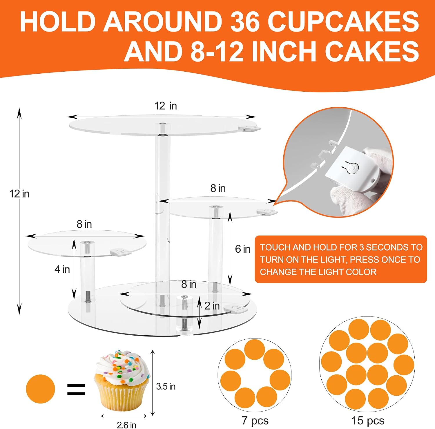Cake Stand with Rechargable LED Light, Round Light Up Cupcake Stand, Cupcakes and Cakes Comb for 8-12 Inch Cakes