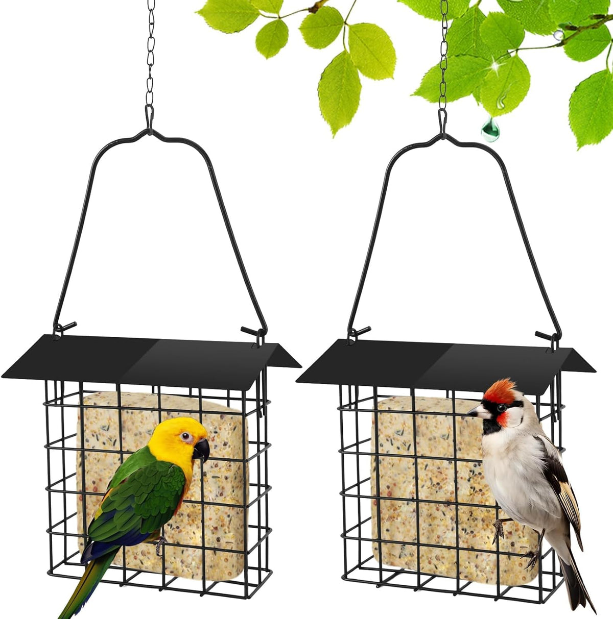 2Pcs Suet Bird Feeder Hanging, Metal Roof Adjustable Chain