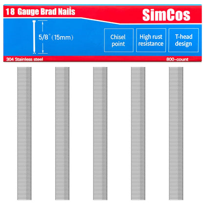 18 Gauge 5/8 Inch 304 Stainless Steel Brad Nails, 800-Pack