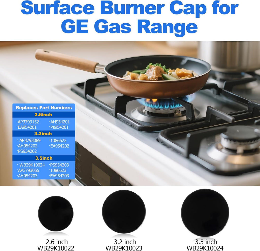 Upgraded Surface Burner Caps Set of 3PCS Replacement for GE&Hotpoint 30" Gas Range/Cooktop,WB29K10022-1 Small Cap-2.6" WB29K10023-1 Medium Caps-3.2" WB29K10024-1 Large Cap-3.5",Shiny Black Surface