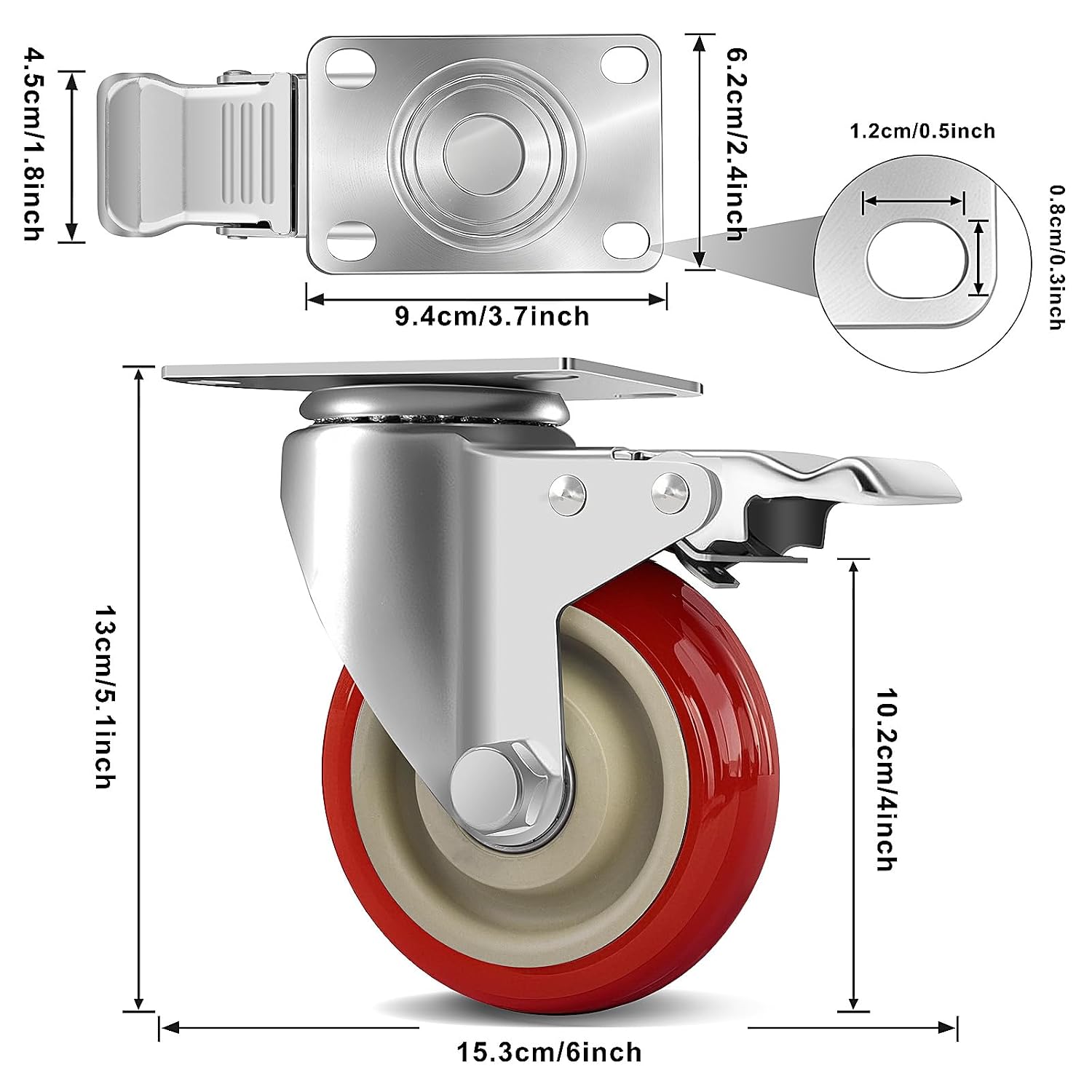 4 Inch Heavy Duty Swivel Caster Wheels with Brake, Set of 4 | Industrial Locking Rolling Plate Casters Wheels for