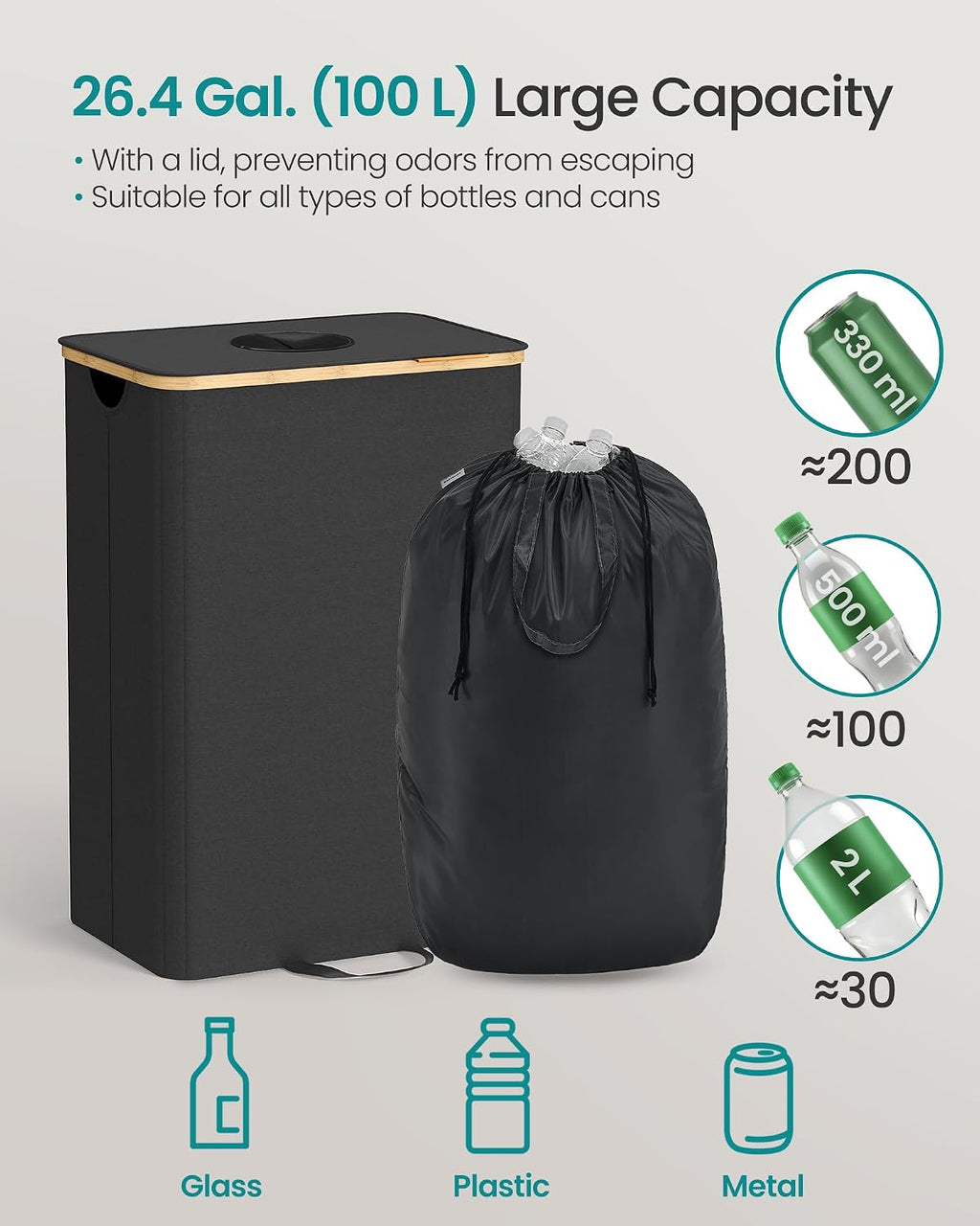 Recycling Bin for Kitchen 26.4 Gallon. Bottle Recycling Container, Collection Bin