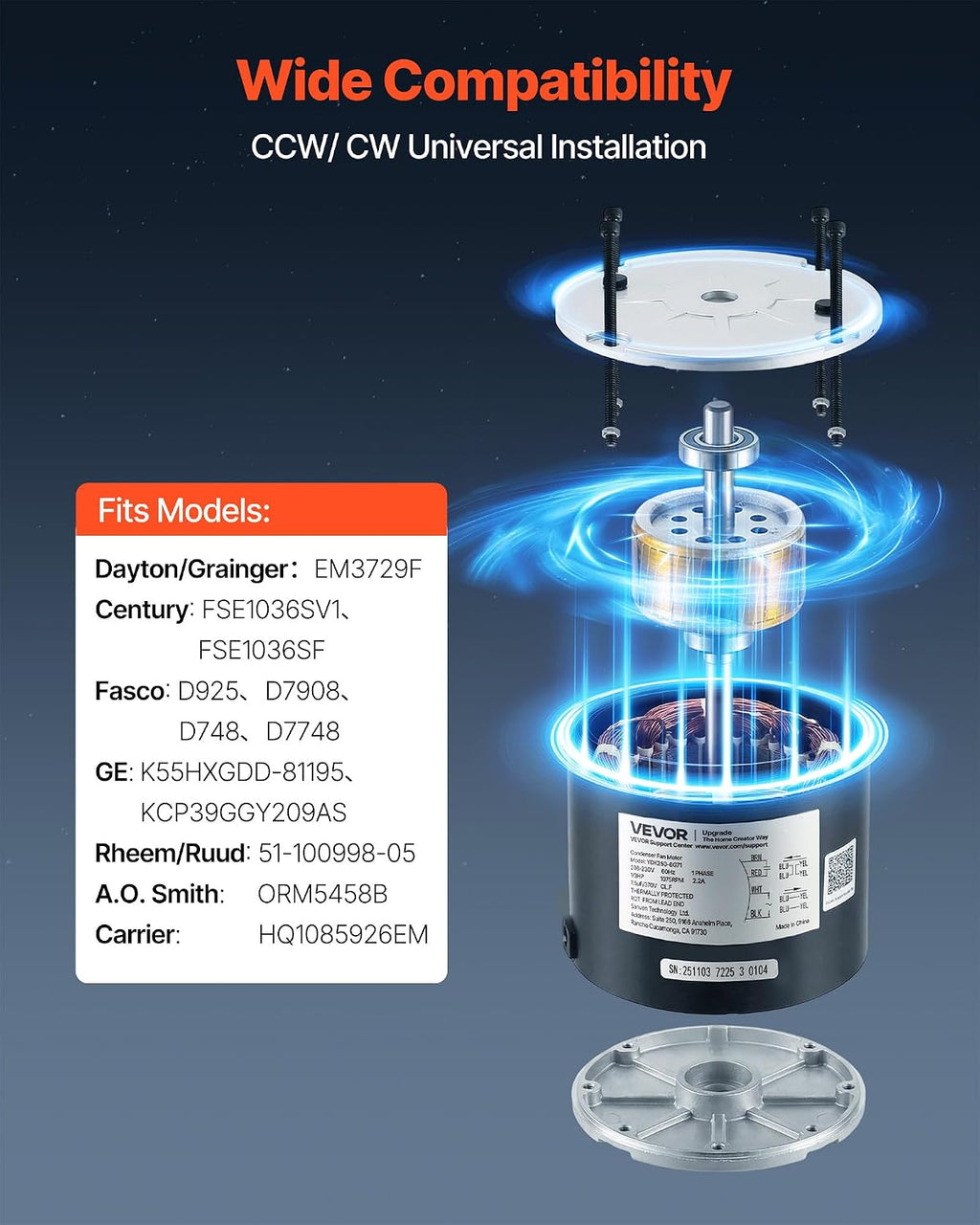Condenser Fan Motor with Capacitor, 1/3HP 1075RPM 208-230V, Compatible with GE Genteq K55HXGDD-81195 5KCP39GGY209AS