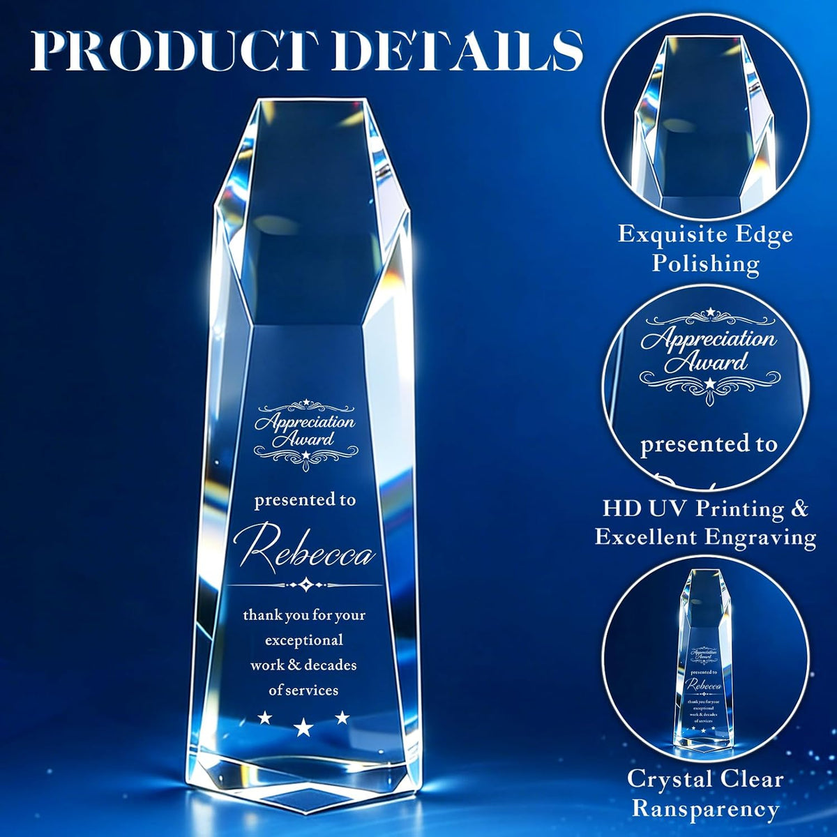 Customizable Crystal Award Trophy with Company Logo Text & Employee Name
