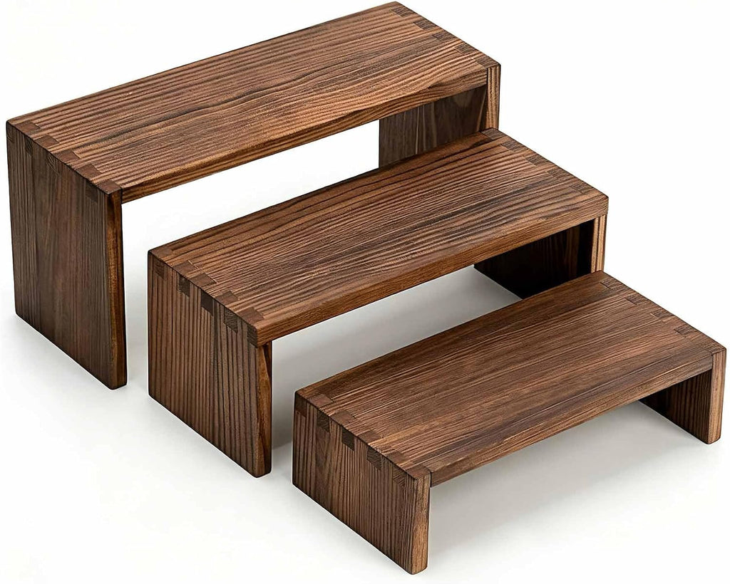 3-Tier Wooden Display Risers, Tiered Display Stand, Shelf Risers for Table Display, Small Wood Display Shelf (1