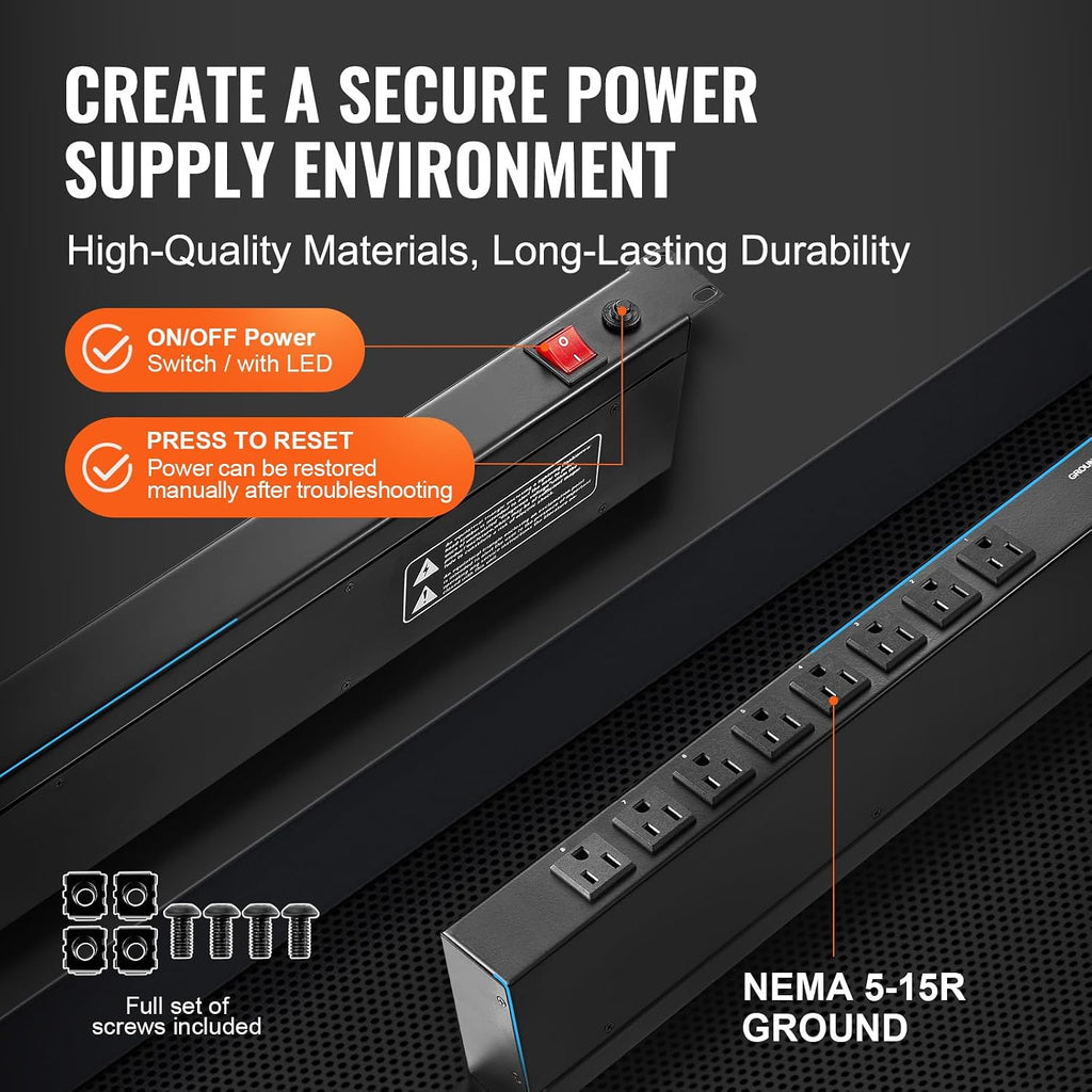 8 Outlet Horizontal 1U Rack Mount PDU Power Strip for Network Server Racks, Surge Protection & Overload Protection