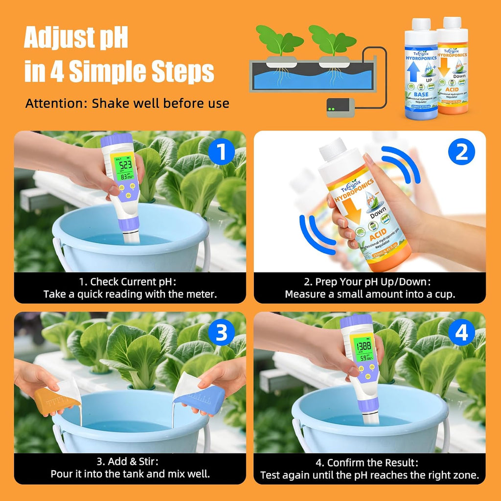 pH Down & pH Up for Hydroponics, pH Control Kit for Hydroponic Nutrients – 250ml pH Down and 250ml pH Up with 2×50ml