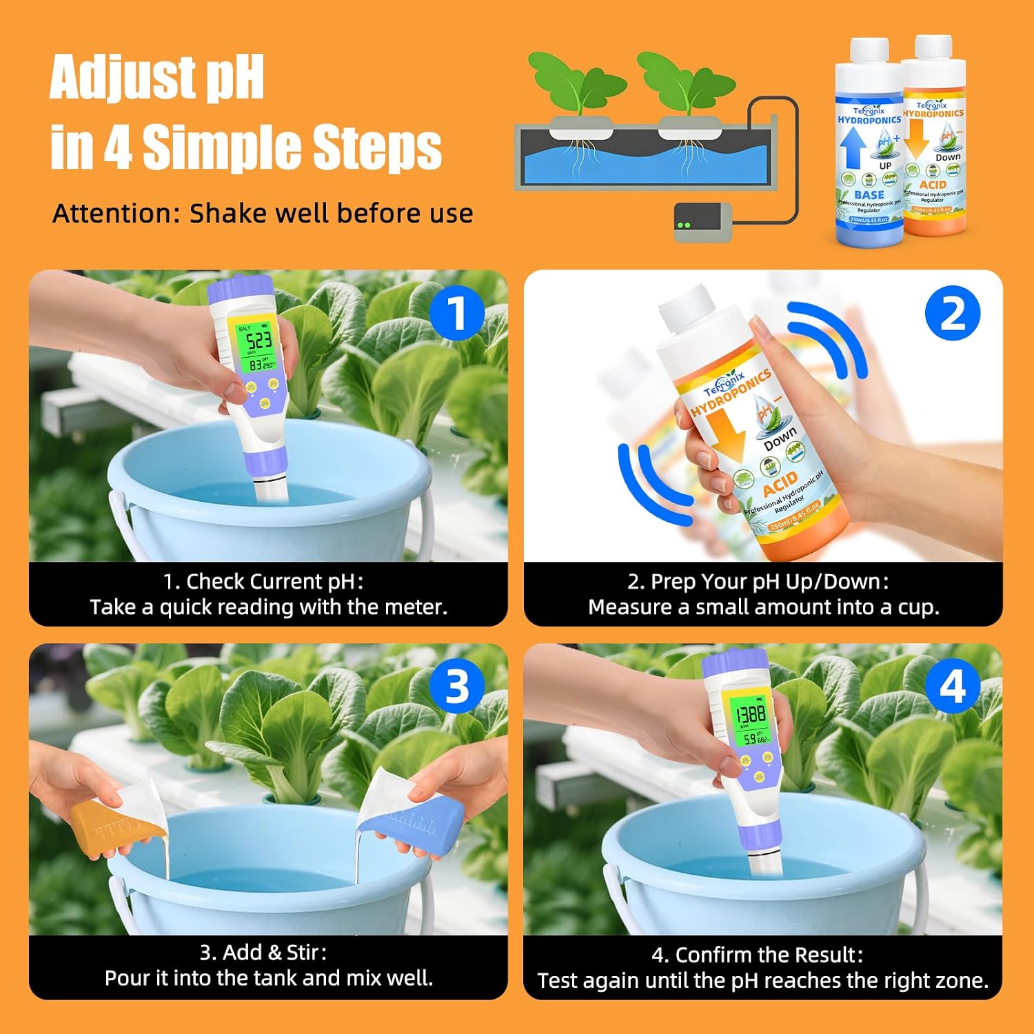 pH Down & pH Up for Hydroponics, pH Control Kit for Hydroponic Nutrients – 250ml pH Down and 250ml pH Up with 2×50ml