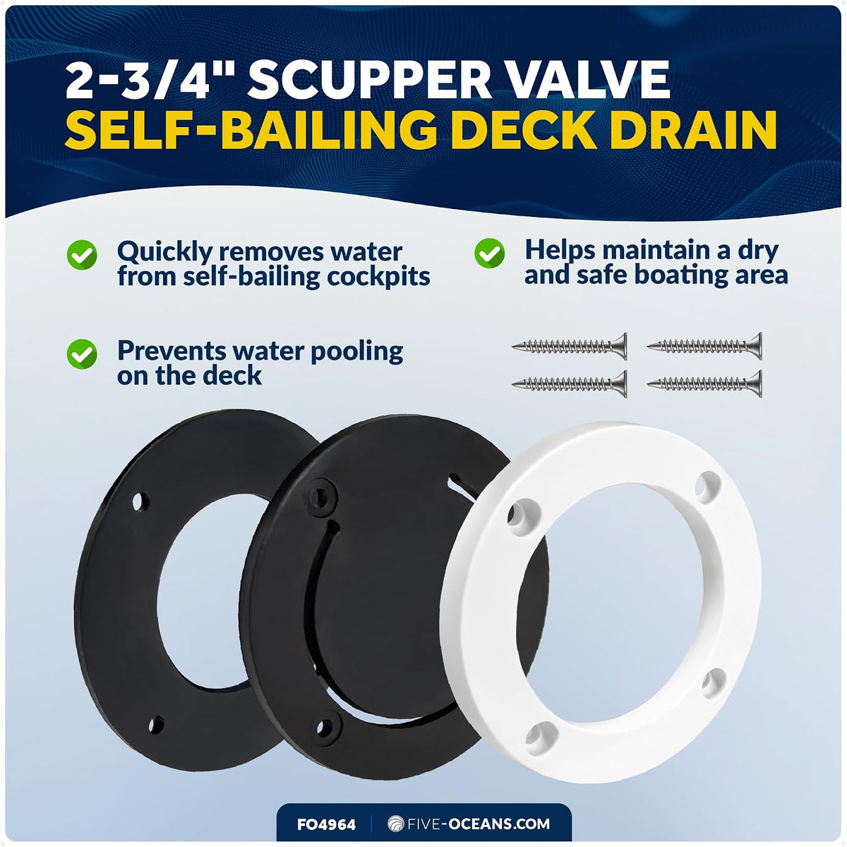 Five Oceans Boat Through Hull with Scupper Valve - Self-Bailing Deck Drain for Pontoon & Boats