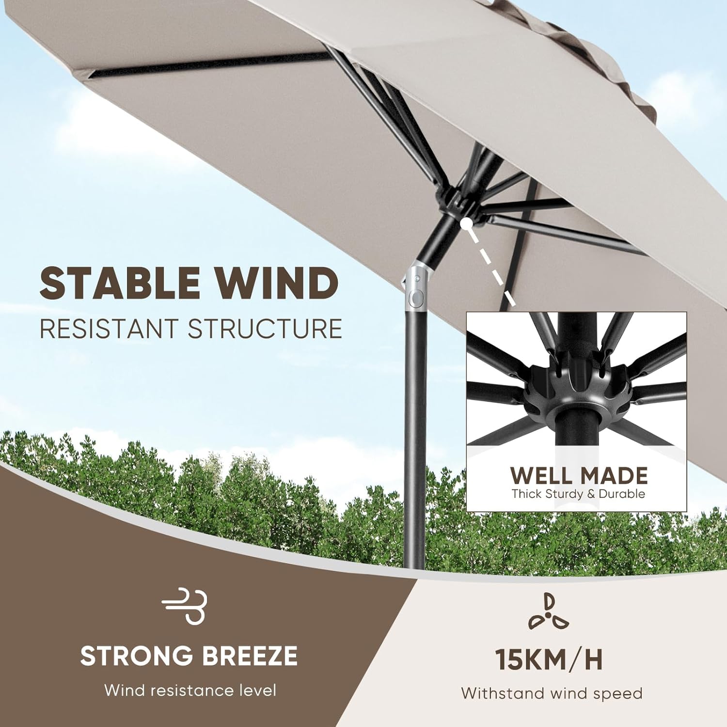 Patio Market Outdoor Table Umbrella with Push Button Tilt and Crank, Large Sun Umbrella with Sturdy Pole & Fade