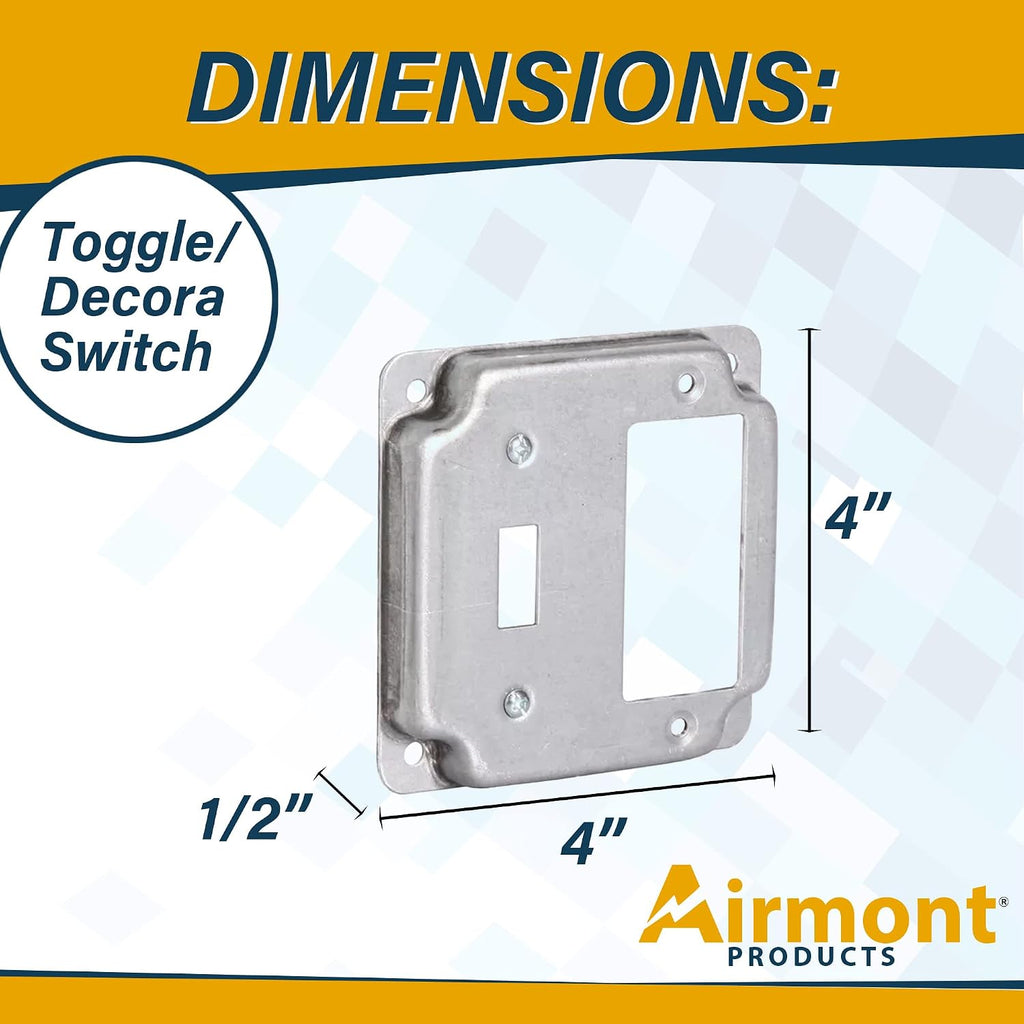 2-Gang Toggle & Rocker Electrical Box Cover, 4" Square, 1/2" Raised Steel