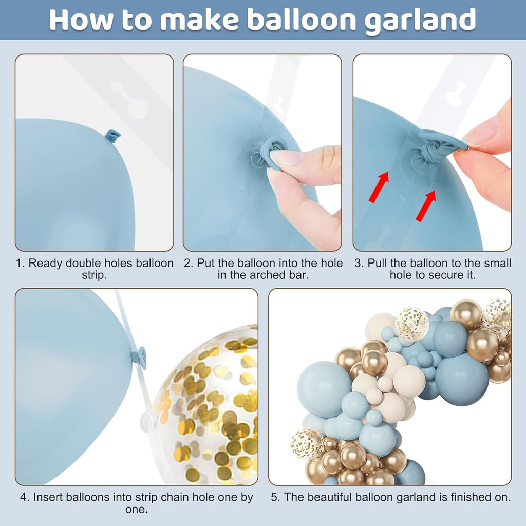153pcs Dusty Blue Balloon Garland Arch Kit, Different Sizes 18 12 10 5 inch Blue White Sand Latex Metallic Confetti