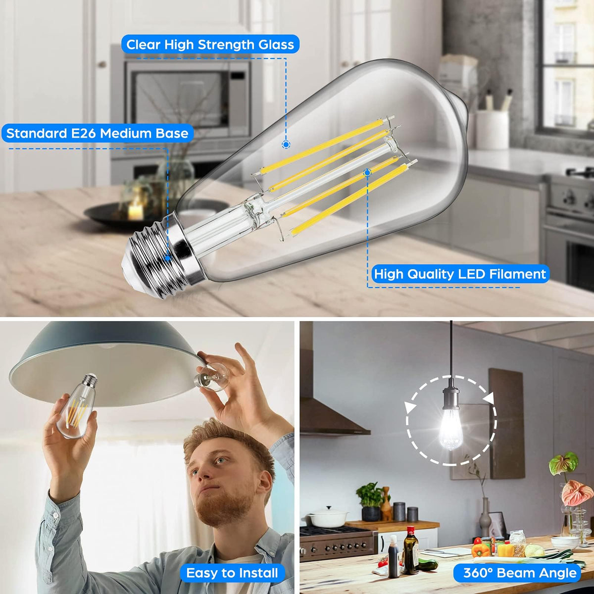 24-Pack Vintage LED Edsion Bulbs 100W Equivalent, E26 Base Bulb 8W 5000K