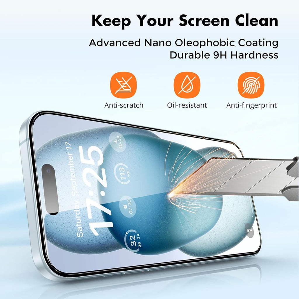 3-Pack Screen Protector for iPhone 15, Double Shatterproof Tempered Glass [Easy Installation Frame] [9H Hardness]