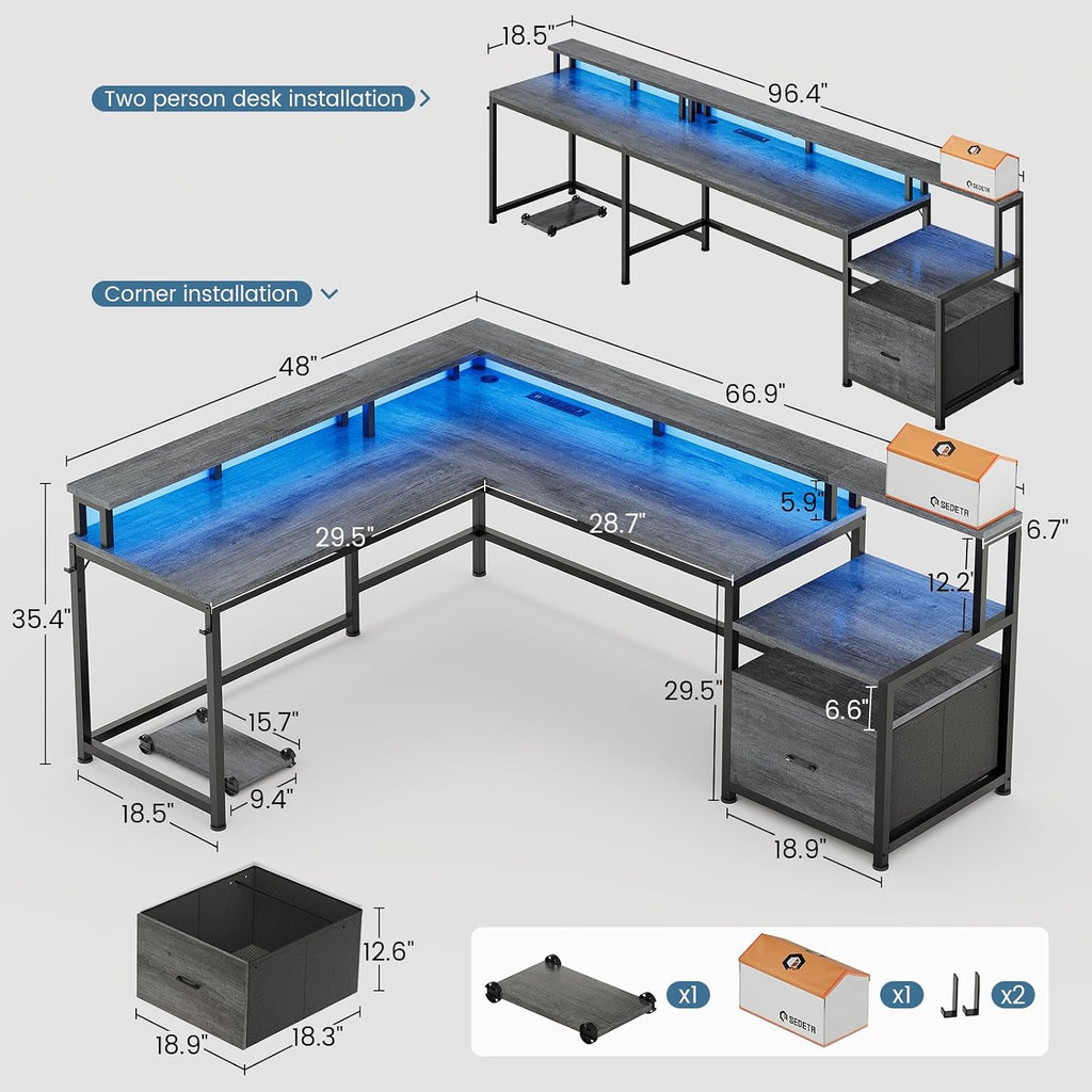L Shaped Desk, 66" Home Office Desk with File Drawer & Power Outlet, Gaming Desk with Led Lights, Corner Computer