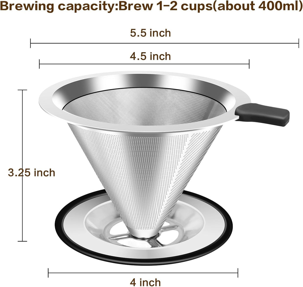 Pour Over Coffee Dripper, Stainless Steel Coffee Filter, Paperless Reusable Coffee Filter, Double Micromesh 600 Mesh