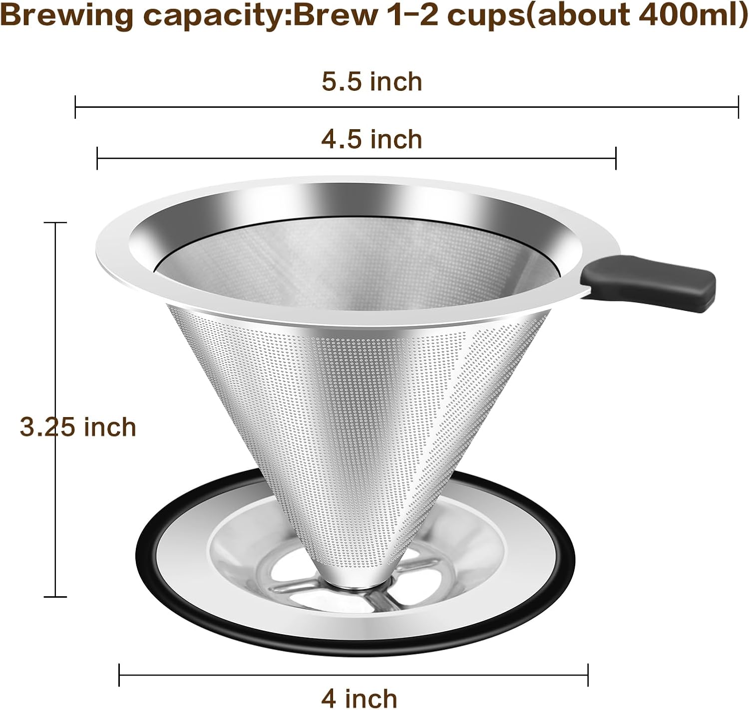 Pour Over Coffee Dripper, Stainless Steel Coffee Filter, Paperless Reusable Coffee Filter, Double Micromesh 600 Mesh
