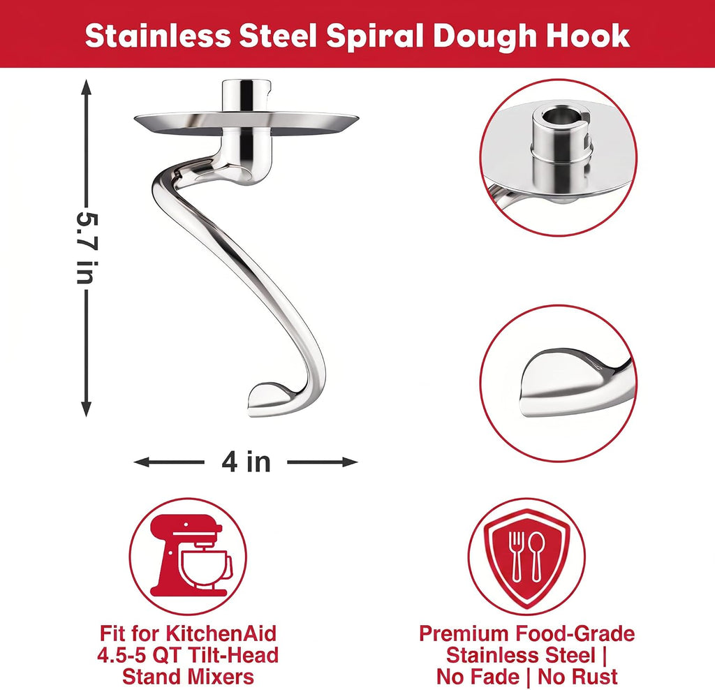 Spiral Dough Hook for KitchenAid 4.5/5 Quart Tilt-Head Mixers