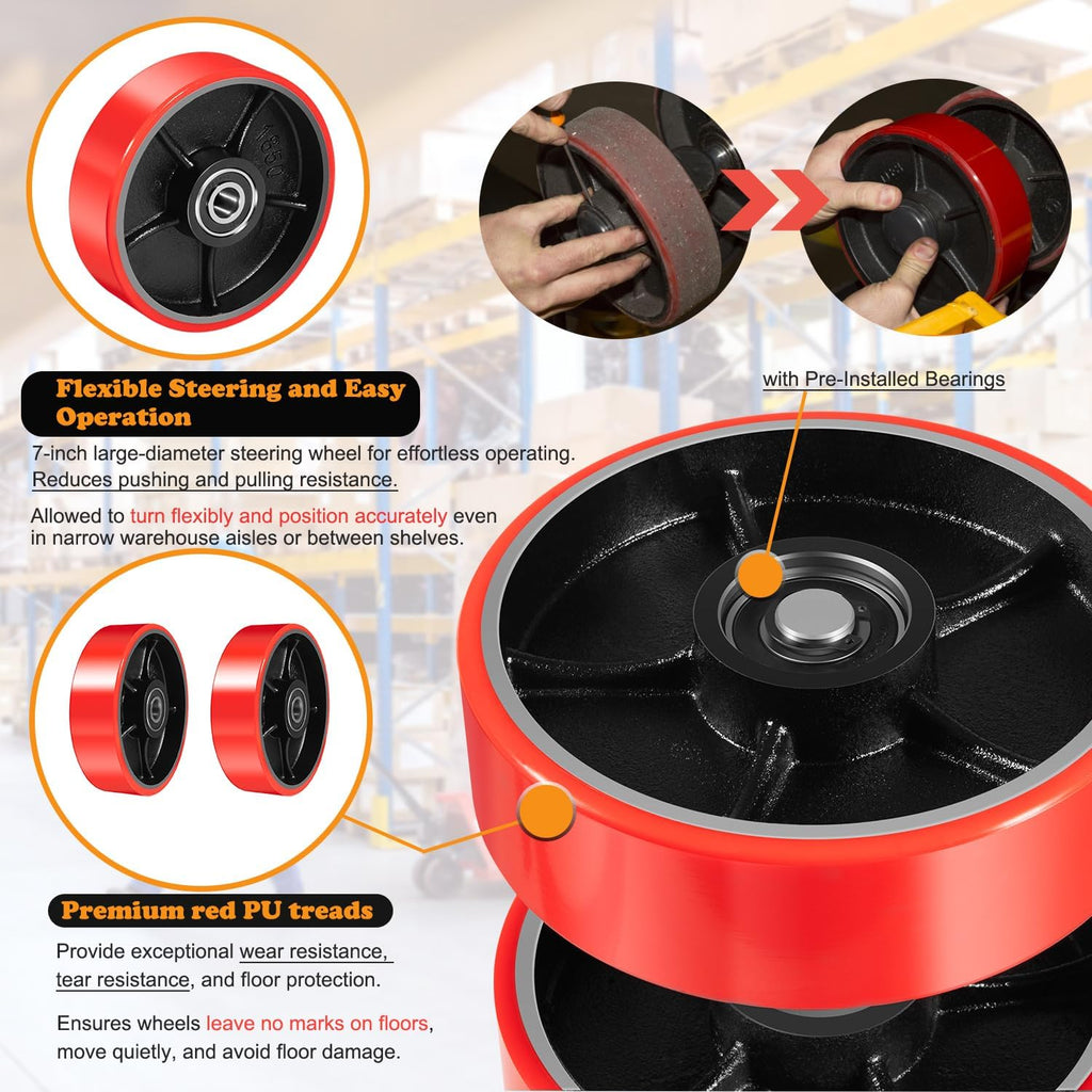 Pallet Jack/Truck Full Wheel Replacement Kit, Pair Steering Wheels (7"x 2"), Pair Front Load Roller(3" x 3.75"), with