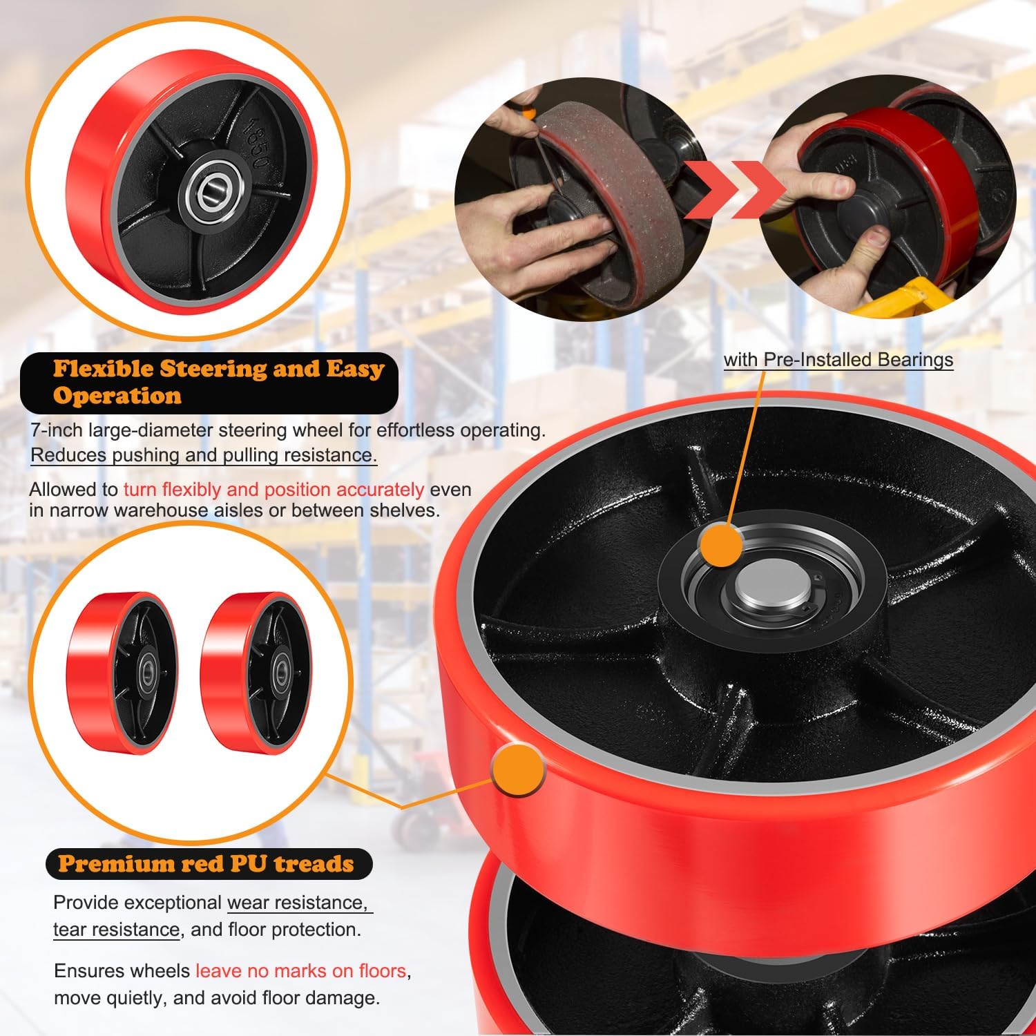Pallet Jack/Truck Full Wheel Replacement Kit, Pair Steering Wheels (7"x 2"), Pair Front Load Roller(3" x 3.75"), with