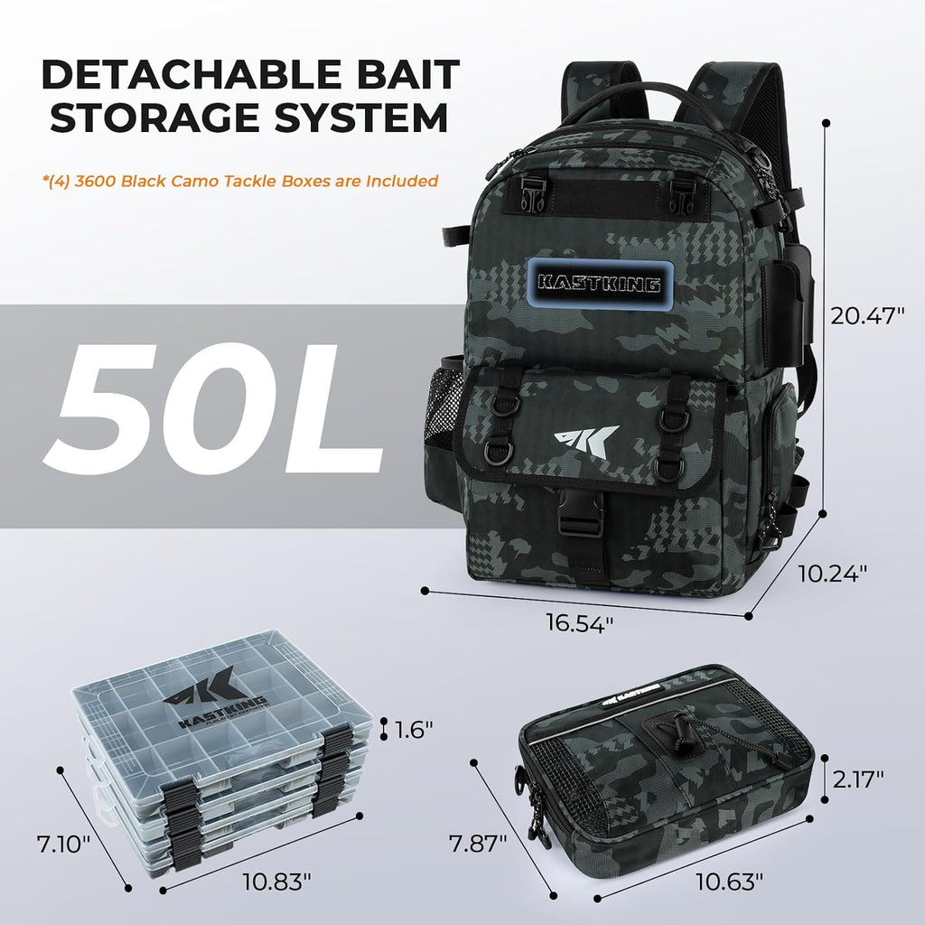 BaitSpace Fishing Tackle Backpack with Removable Bait Binder,2 Rod Holders Storage Fishing Gear and Equipment | 50L