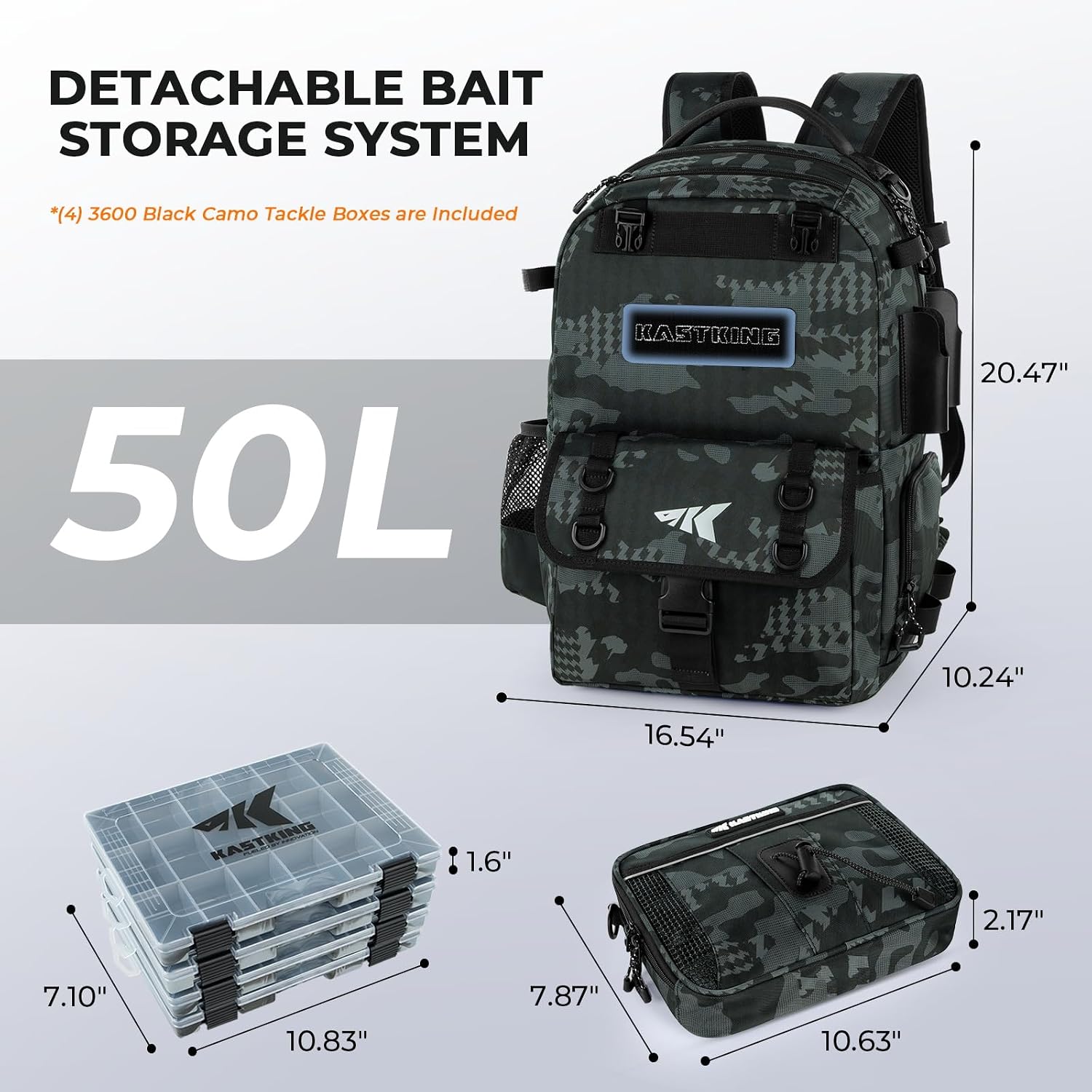 BaitSpace Fishing Tackle Backpack with Removable Bait Binder,2 Rod Holders Storage Fishing Gear and Equipment | 50L