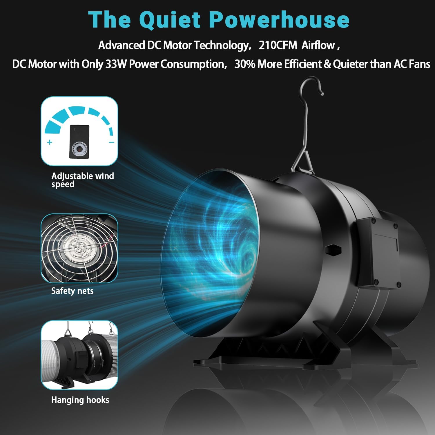 6 Inch Inline Duct Fan and Carbon Filter Kit, 210 CFM Grow Tent Ventilation System with Variable Speed Controller
