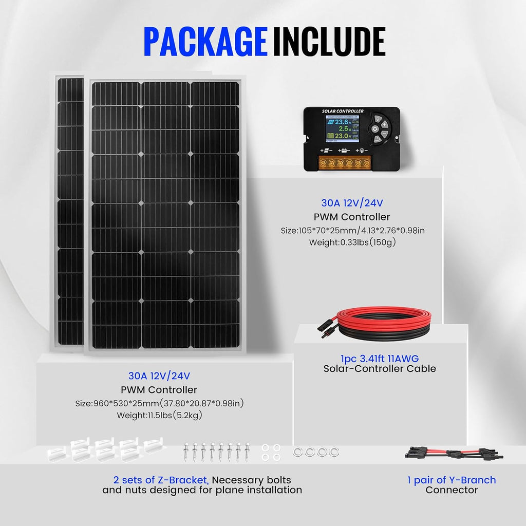 100W Monocrystalline Solar Panel Kit with 20A PWM Controller - 12V/24V High Efficiency Solar Panel for RV, Boat
