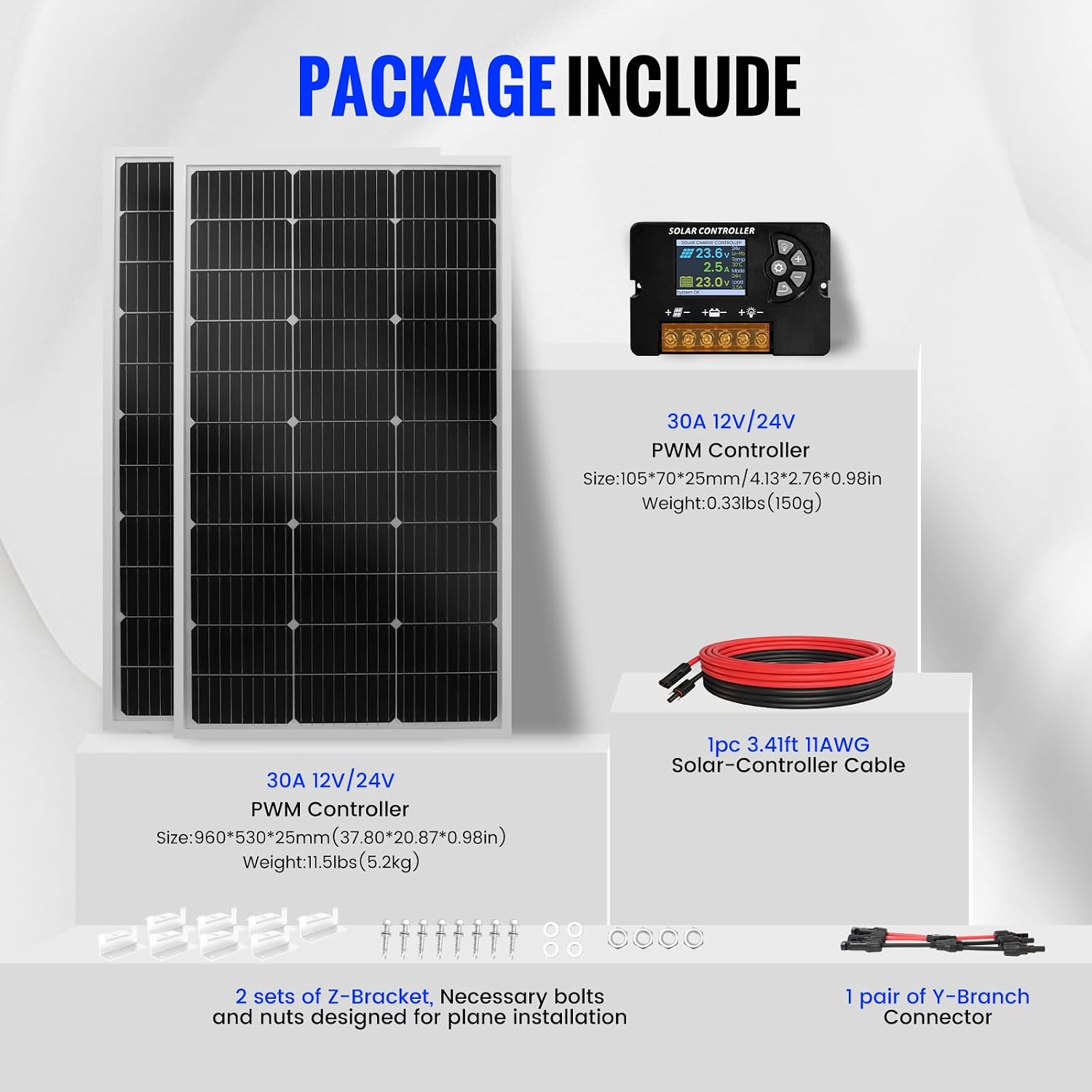100W Monocrystalline Solar Panel Kit with 20A PWM Controller - 12V/24V High Efficiency Solar Panel for RV, Boat