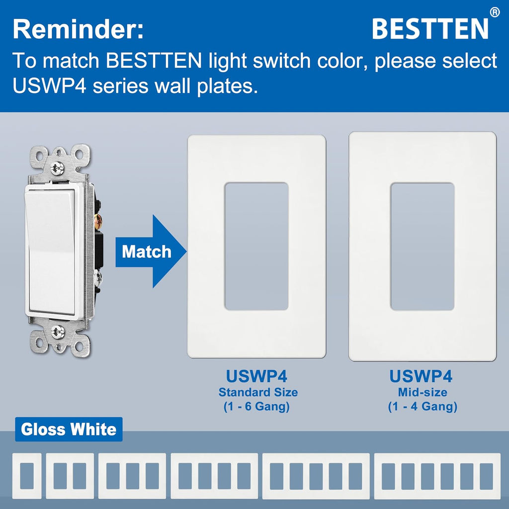 BESTTEN 10 Pack Single Pole Decorator Wall Light Switch, 15A 120/277V