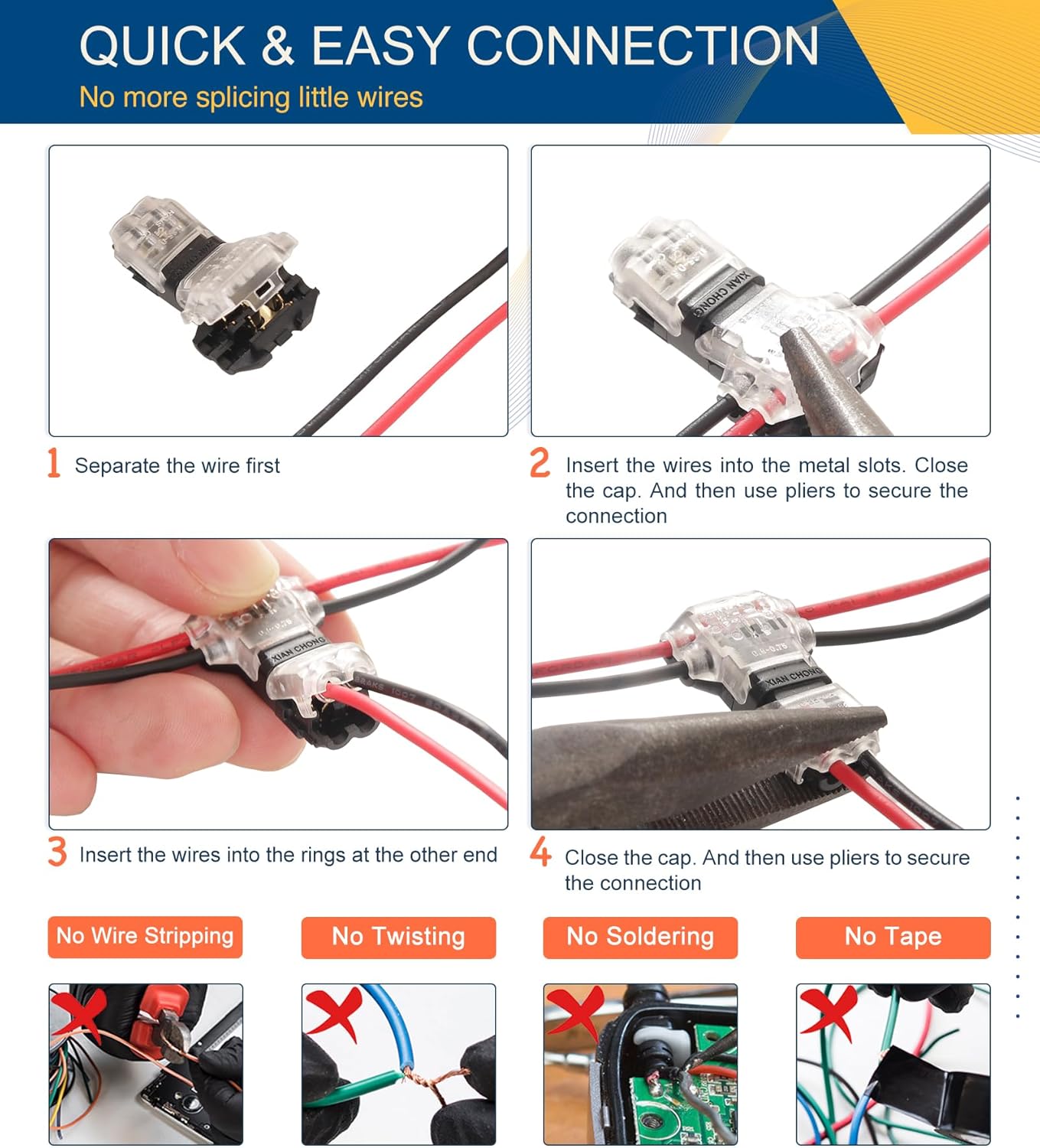 Low Voltage Wire Connectors Solid Connection, T Tap Wire Connectors, T Type 2 Pins Wire Splice Connectors, Solderless