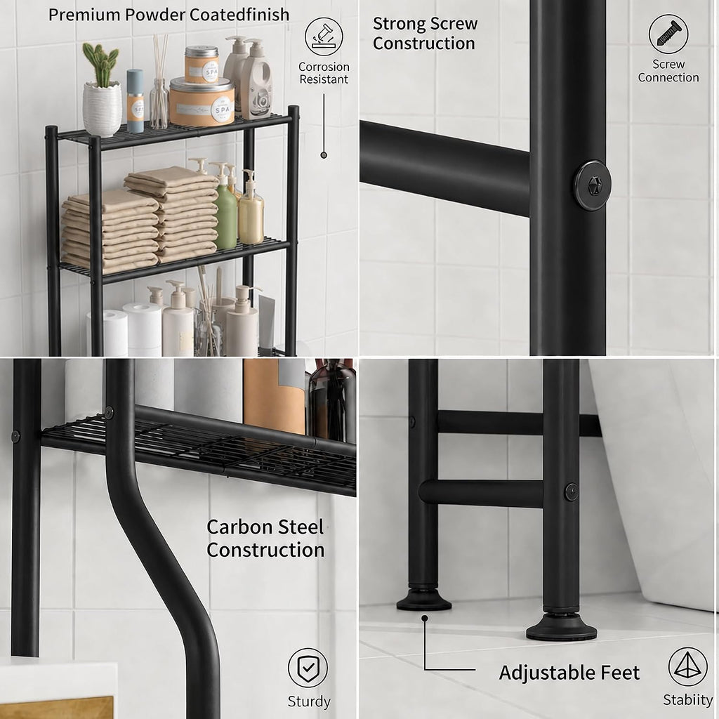 3-Tier Over Toilet Storage, Anti-Tilt, 64" H, Black | Anti-Tilt Safety System, 150lb Capacity, Carbon Steel