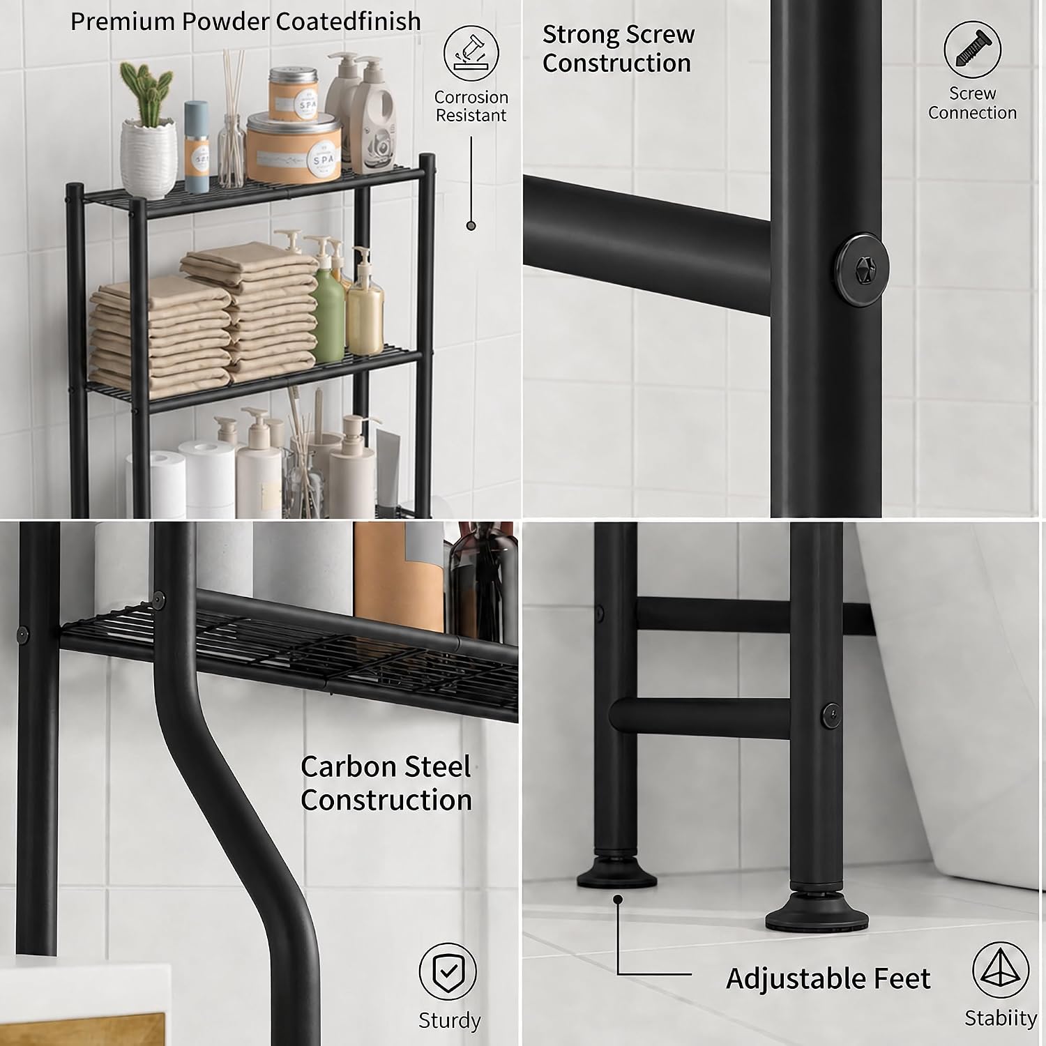 3-Tier Over Toilet Storage, Anti-Tilt, 64" H, Black | Anti-Tilt Safety System, 150lb Capacity, Carbon Steel