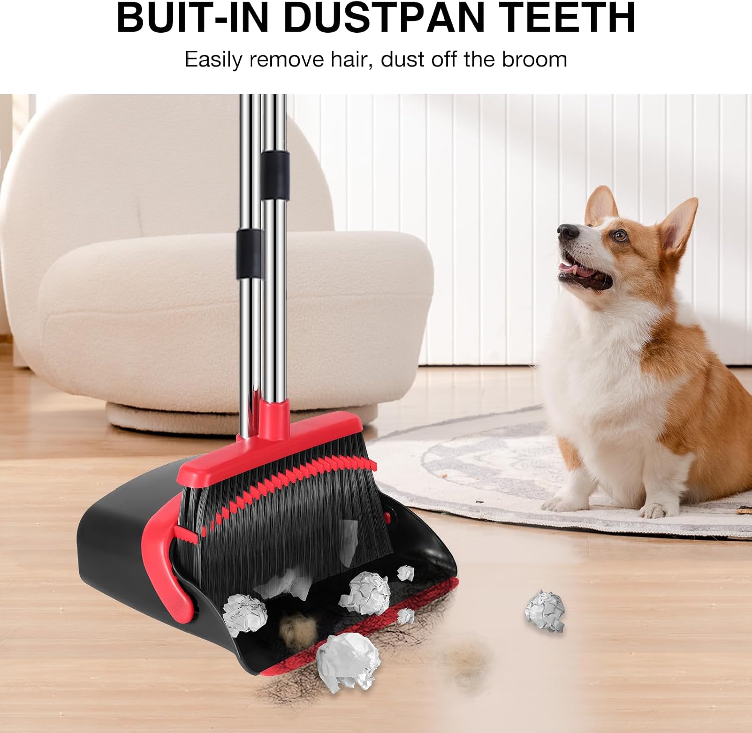 Broom and Dustpan Set, 52-in Long Adjustable Handle Broom Dustpan Combo with Dustpan Teeth to Automatically Clean